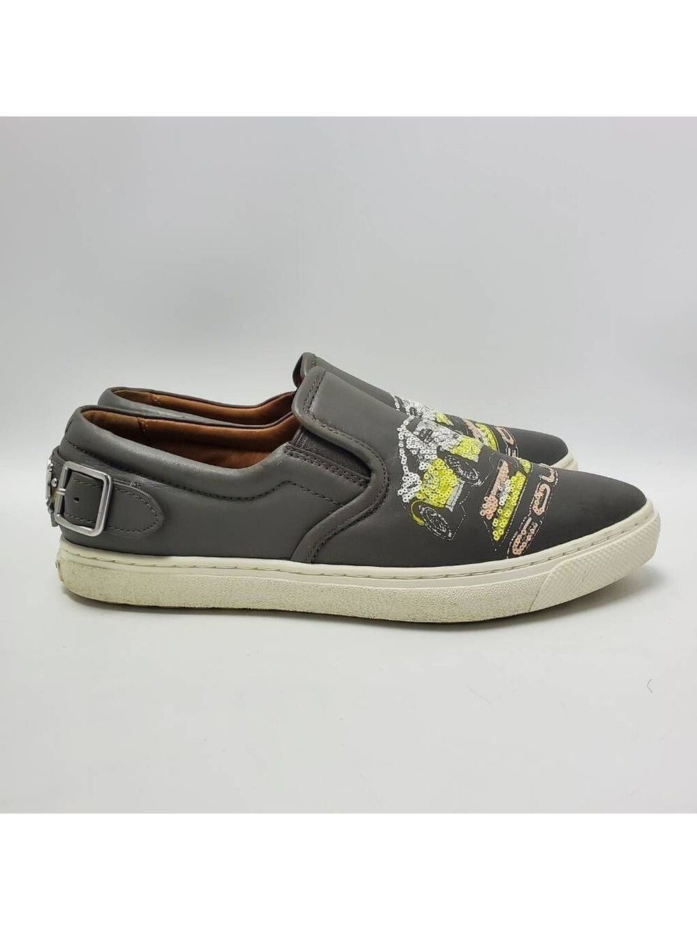Coach Slip On Shoe C103 Sequin Studded Buckle Gray Sneakers Pointy Toe Sz 6.5 B